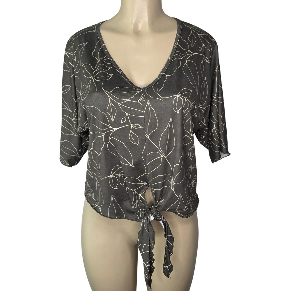 JWLOVESME Top Women Small Green Leaf Print Front Tie V-Neck Elbow Sleeve 7094NN